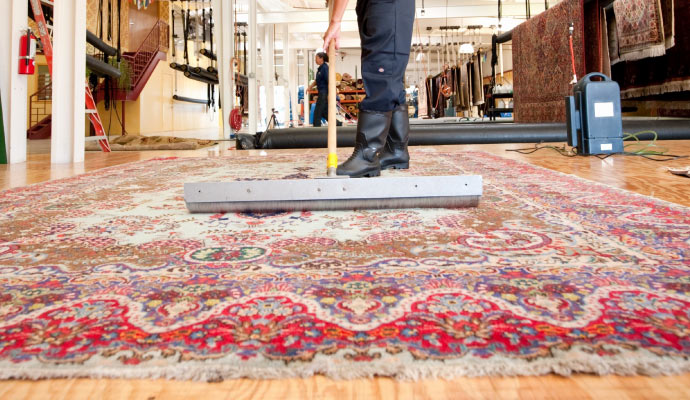 professional worker cleaning rug