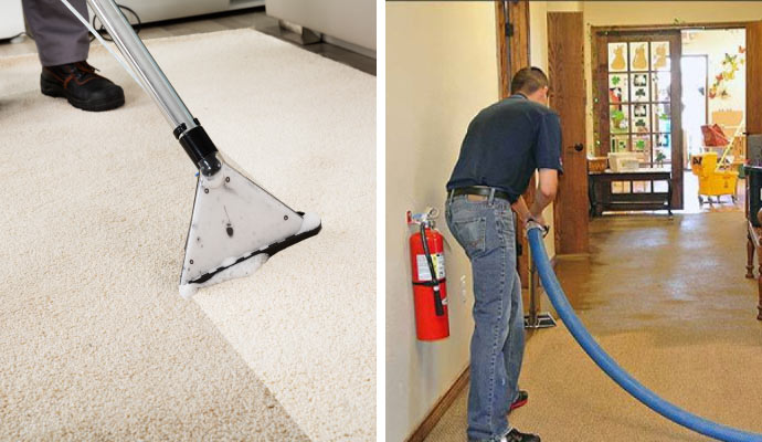 A collage of the carpet cleaning process.