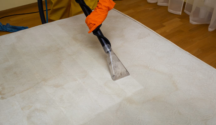 A perosn is cleaning a white mattress using a vacumm cleaner