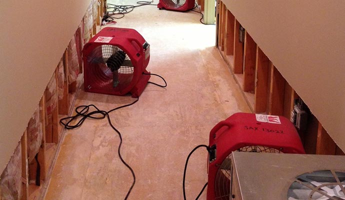 red air blowers pink corridor water damage and structure drying restoration