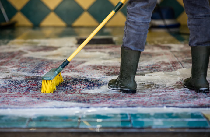 Person cleaning rug with equipment